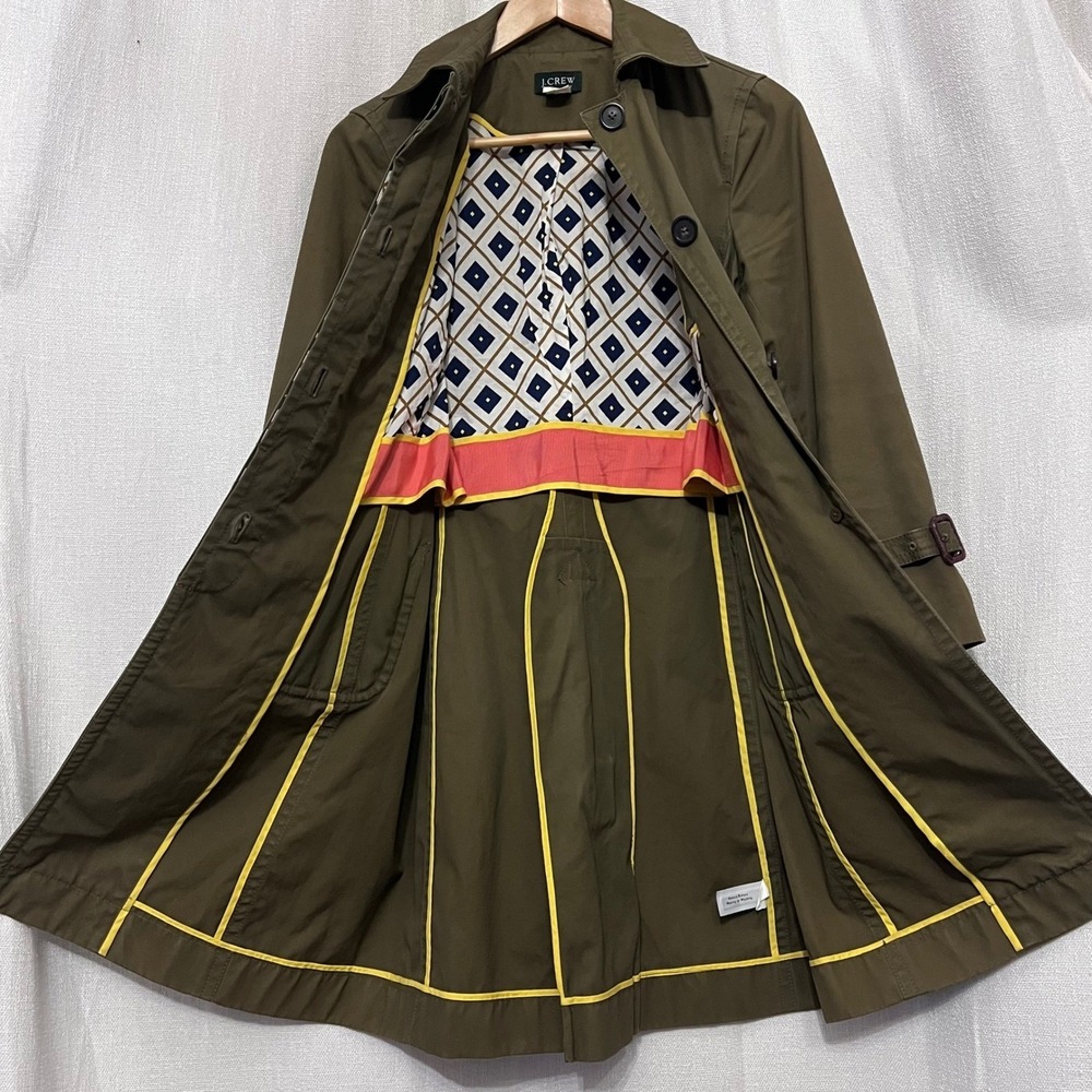 J Crew VTG Olive Green Utility Trench Coat Women's Sz 4 Button Front Belted Cuff - Picture 7 of 11